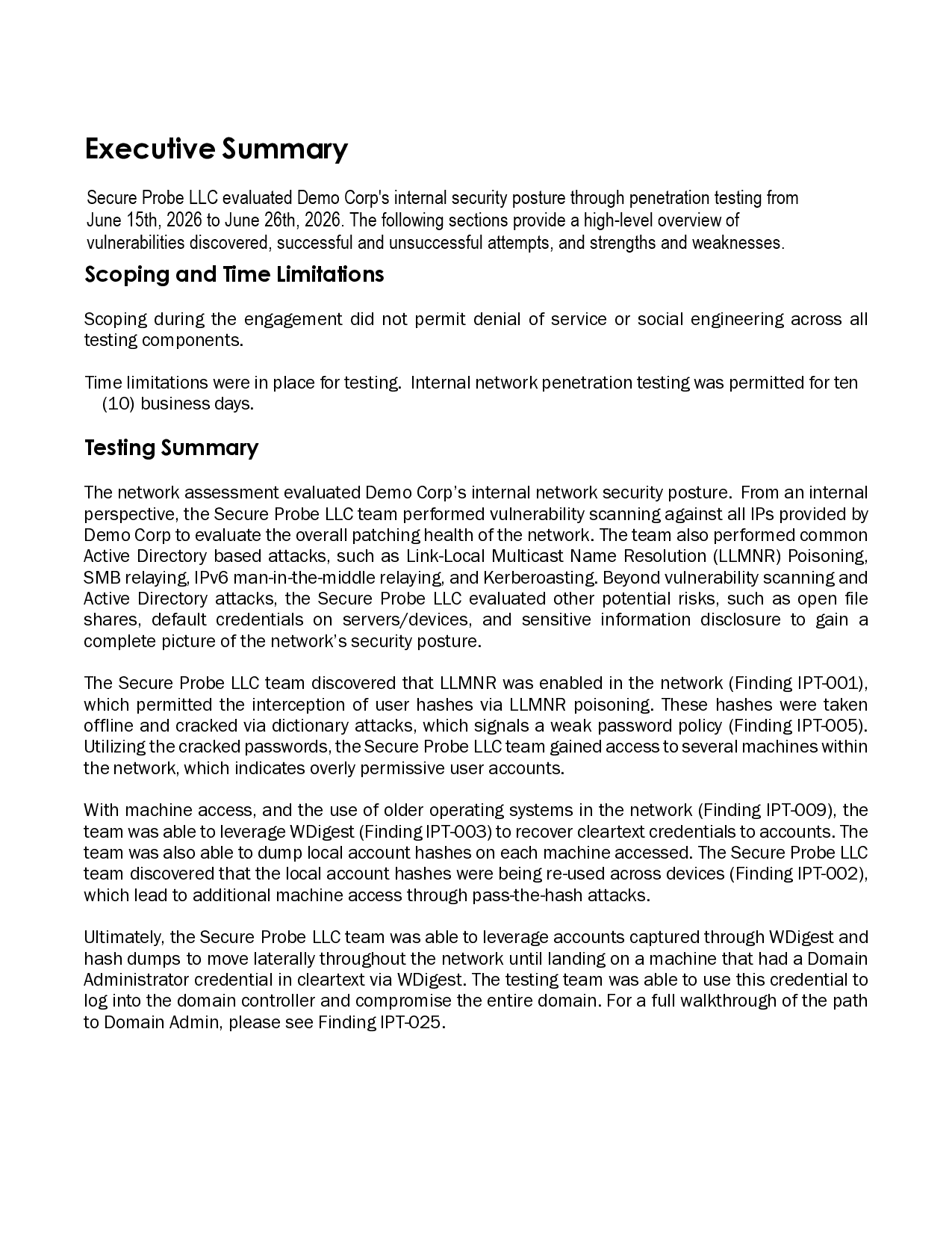 Executive summary report screenshot