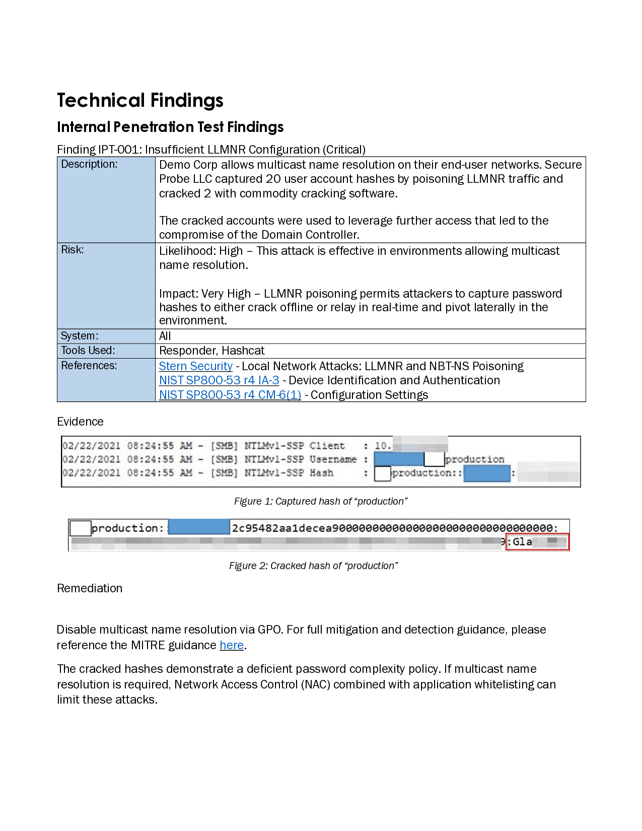 IPT-001 finding page from the SecureProbe sample report