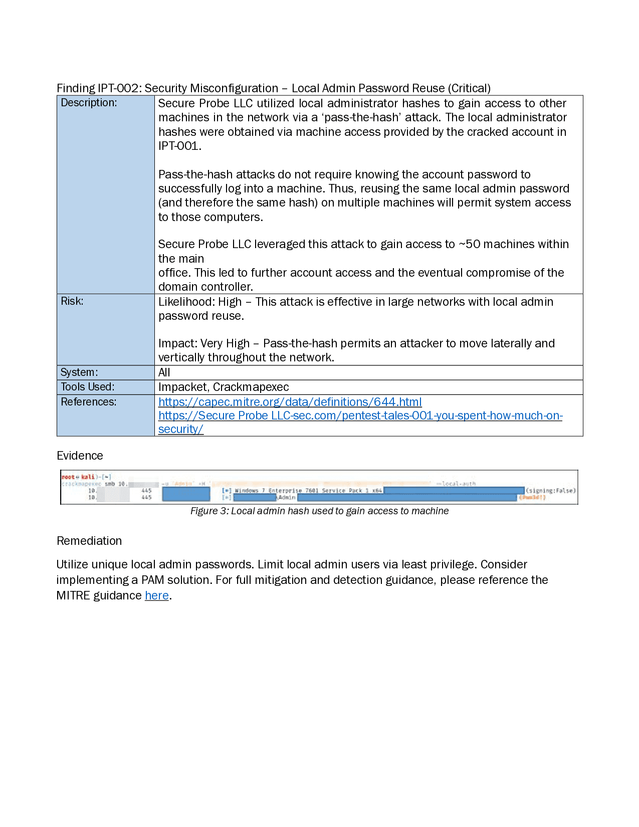 IPT-002 finding page from the SecureProbe sample report