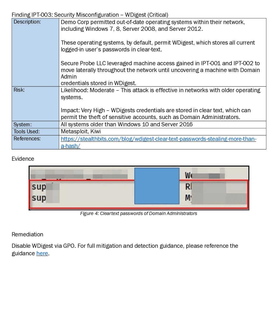 IPT-003 finding page from the SecureProbe sample report